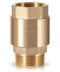 Brass 1-inch check valve, front view; 1-inch NPT male inlet, 1-inch FNPT outlet for backflow prevention