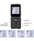 Close-up of 70/100M Laser Distance Meter Rangefinder Handheld Tool for Construction with digital display and buttons.