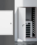 Heavy Duty White Aluminum Access Panel For Drywall With Locking Design And Quiet Honeycomb Core No Sweat Install Snug Fit on wall with open door revealing service area.