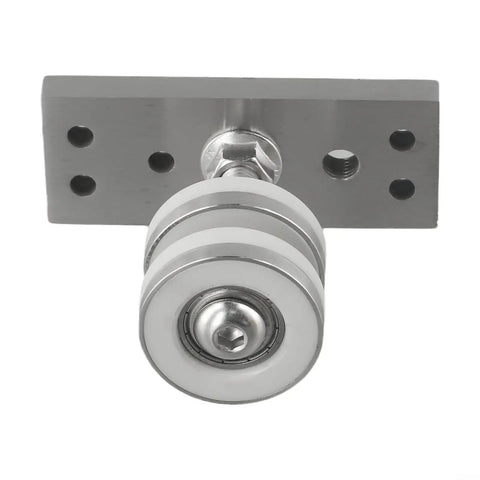 Heavy Duty Folding Door Pulley Featuring Ridiculously Smooth Nylon Rolling Wheel And Rock Solid Zinc Alloy Construction For Zero Hassle Barn Door Hardware Replacement System close-up with stainless steel plate.
