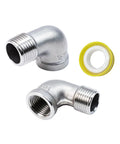 Two 1/2-inch NPT stainless steel 90-degree elbow fittings, female to male threads, silver.