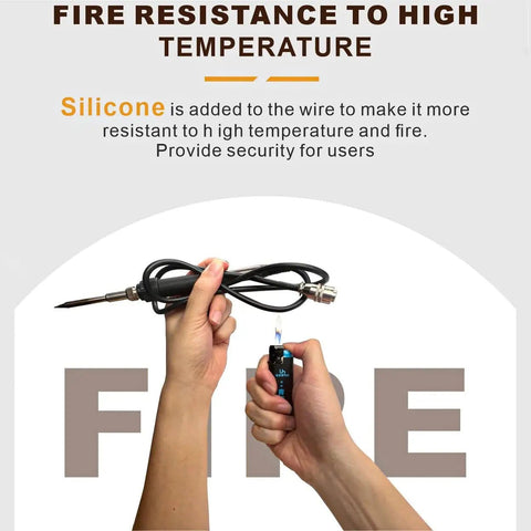 Person holding soldering iron and lighter demonstrating fire resistance of 2 In 1 Digital Rework Station With Hot Air Gun And Soldering Iron Includes 3 Nozzles And Solder Wire Bracket 110V Anti Static Rework Tool For PCB Chip Repair And Electronics Projects Pro Grade.