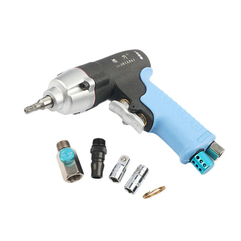 Hella Tough Mini Air Impact Wrench 1/4 Inch Drive with accessories, showcasing the aluminum body and trigger grip for auto repair.
