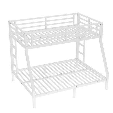 Heavy Duty Twin Over Full Metal Bunk Bed With Dual Ladders Rock Solid Steel Construction White Finish viewed from side to showcase design and structure.