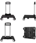 Folding Five Wheel Luggage Cart With Adjustable Height, shown from multiple angles, featuring compact foldable design and 50kg capacity.