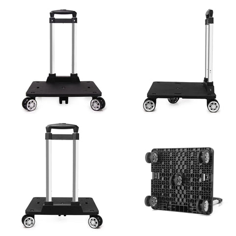 Folding Five Wheel Luggage Cart With Adjustable Height, shown from multiple angles, featuring compact foldable design and 50kg capacity.