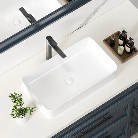 Top view of 24 Inch Countertop Vessel Sink For Bathroom, Modern Rectangular White Ceramic Basin, above counter design in bathroom setting.