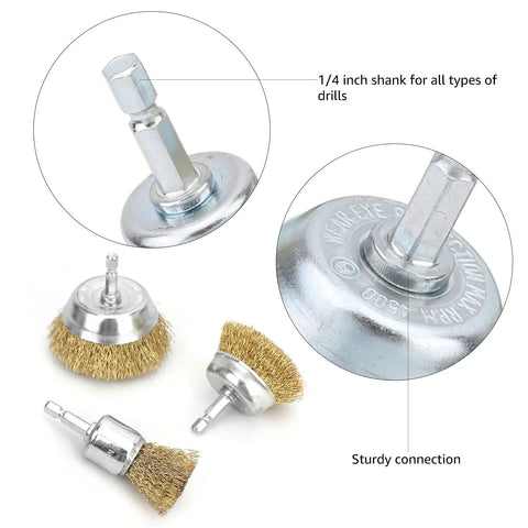 5 Piece Wire Brush Set With 1/4 Inch Hex Shanks For Drills And Impact Drivers, Heavy Duty Brass Coated Carbon Steel Crimped Wire For Grime Busting