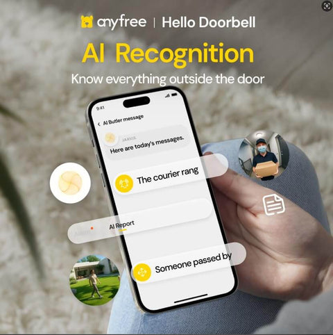 Person holding smartphone displaying AI Recognition notifications from Wireless Doorbell Camera With Chime And Solar Assisted Battery.