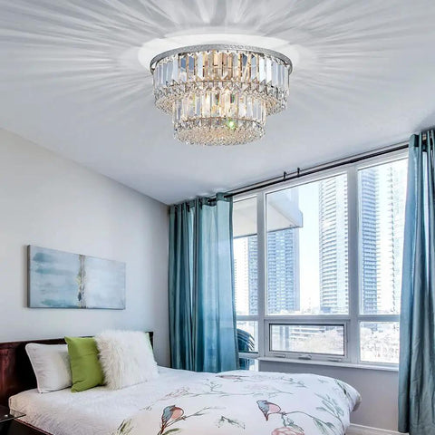 K9 Crystal 3-Light Two-Tier Flush Mount Ceiling Light Fixture in bedroom, sleek modern chandelier with hand-cut crystals