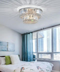 K9 Crystal Chandelier Two Tier Flush Mount With Five Lights For Bedroom Dining Living Room Modern Ceiling Fixture Hand Picked Crystals LED Compatible 9In High 16In Diameter Bulbs Not Included in a bedroom setting