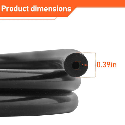 Close-up of Black High Temp Silicone Vacuum Tubing Hose 5 Foot Roll, 3.5mm Inner Diameter, showing 0.13in thickness.
