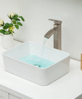 Rectangular White Vessel Sink 16 By 12 Inch Modern Above Counter Porcelain Ceramic Vanity Basin For Home Bathroom Remodel Easy To Clean Non Porous Glaze Durable Sleek Contemporary Countertop Sink with running water