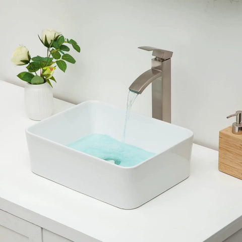 Rectangular White Vessel Sink 16 By 12 Inch Modern Above Counter Porcelain Ceramic Vanity Basin For Home Bathroom Remodel Easy To Clean Non Porous Glaze Durable Sleek Contemporary Countertop Sink with running water