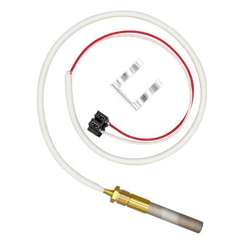 RURBRIN LP thermopile sensor for water heater; brass probe with white insulated lead and red/white wires, mounting clip
