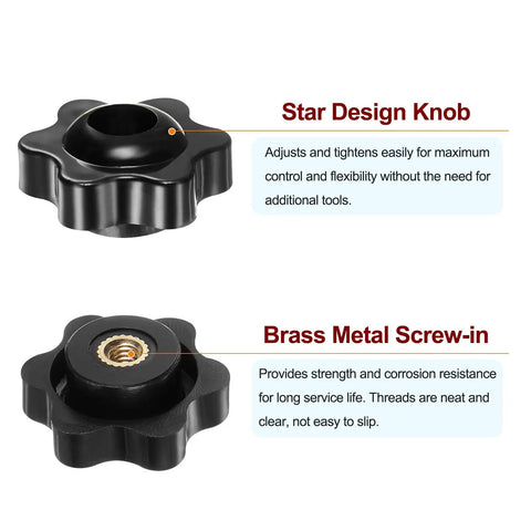 Set Of 4 Black Star Knobs With M4 Female Thread, 25mm Head, Through Hole Brass Insert, Plastic Clamping Hand Knobs For Machinery