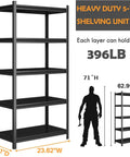 14 Inch Deep 36 Inch Wide 5 Tier Heavy Duty Steel Shelving Rack For Industrial Garage Storage Pantry Warehouse Kitchen Basement Adjustable Ultra Durable And Wobble Free Supports Up To 2500 Lbs Total Load, black steel, dimensions and capacity details.