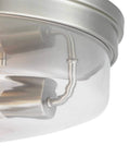 Close-up of Round Two Light Flush Mount Ceiling Light With Clear Glass Shade For Hallways And Bathrooms, brushed nickel finish
