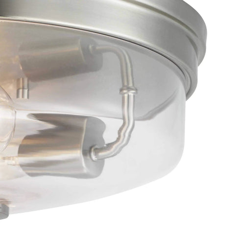 Close-up of Round Two Light Flush Mount Ceiling Light With Clear Glass Shade For Hallways And Bathrooms, brushed nickel finish
