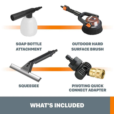 Deluxe Accessory Kit For Hydroshot Power Washers With Rotary Brush Squeegee Soap Dispenser For Scrubbing Under Vehicles And Tough Cleaning Jobs Without Breaking A Sweat, showing soap bottle, outdoor brush, squeegee, pivot adapter.