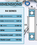 R4 series sealed chrome steel ball bearing diagram showing 1/4 in ID, 5/8 in OD, 0.196 in width