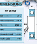 Technical diagram and dimensions of R4 ZZ Bearing 30 Pack Lubricated Chrome Steel Sealed Ball Bearing With Metal Shield High RPM Support.