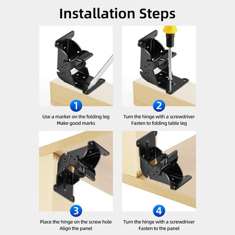 Installation steps for Heavy Duty Folding Brackets 4 Pack With Screws, Self Locking Steel Hinges for table legs.