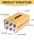 Front view of 30A Handheld Jewelry Spot Welder For Gold Silver Platinum And Steel, showing labeled components like handle and switch.