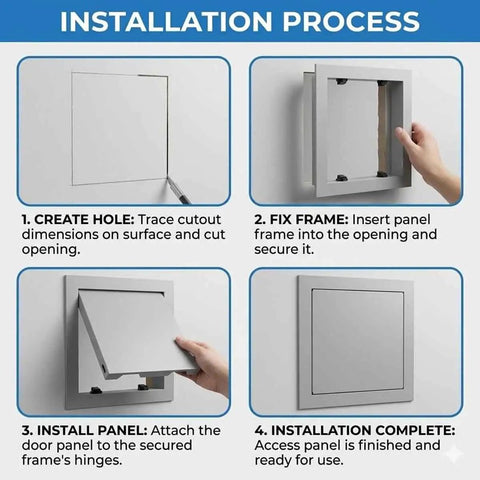 Installation steps for the Straight Up Heavy Duty Metal Access Panel For Drywall Plumbing Repair Wall Cover Plate Push To Open Inspection Hatch No Sweat Home Reno Upgrade White 12X22 In.