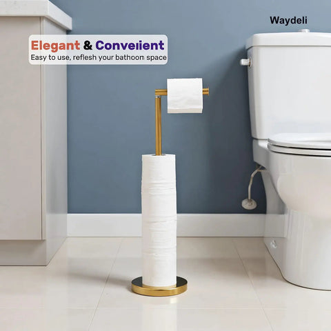 Freestanding Toilet Paper Holder Stand With Reserve For Four Spare Rolls, Sturdy Base, Stainless Steel Construction in bathroom