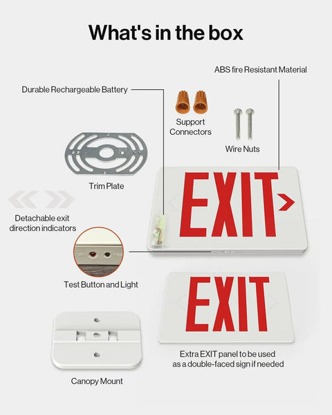 Six Pack Red LED Exit Signs Double Sided With 90 Minute Battery Backup For Emergency Exits High Visibility 6 Inch Letters Visible From 100 Feet With Arrow Knockouts And Durable Acrylic Faces For Long Term Hallway Safety, parts included
