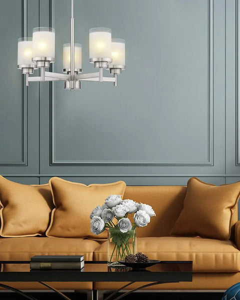5-Light Industrial Pendant Chandelier For Kitchen Island And Living Room, Dope Brushed Nickel Finish, contemporary living room view