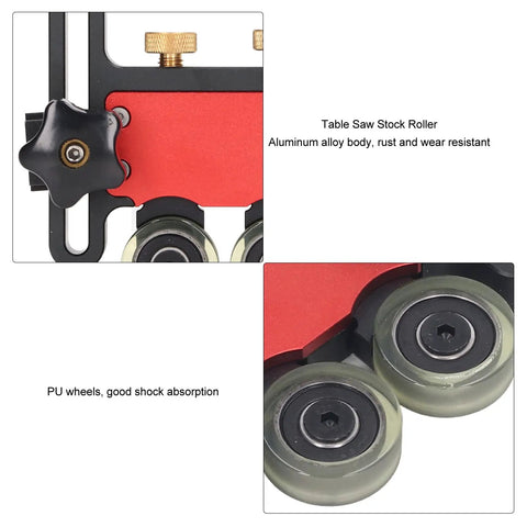 Two Pack Roller Featherboards With Ball Bearings For Table Saw And Router Table Jig To Ace Your Cuts With Smooth As Butter Feed Control and Anti Kickback Safety Setup detail showing aluminum body and PU wheels.