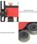 Dad Approved Adjustable Aluminum Featherboard With Tough Polyurethane Grip Wheels For Table Saw And Band Saw Woodworking Safety Setup showing PU wheels and aluminum body.