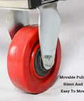 Movable red wheel with metal bracket on multi tray cable spool organizer with independent rotating turntable reels five trays