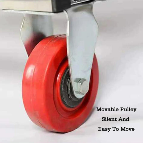 Movable red wheel with metal bracket on multi tray cable spool organizer with independent rotating turntable reels five trays