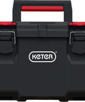 Front view of Stack N Roll Modular DIY Toolbox For Home Projects, lightweight, durable, black, stackable with red handle