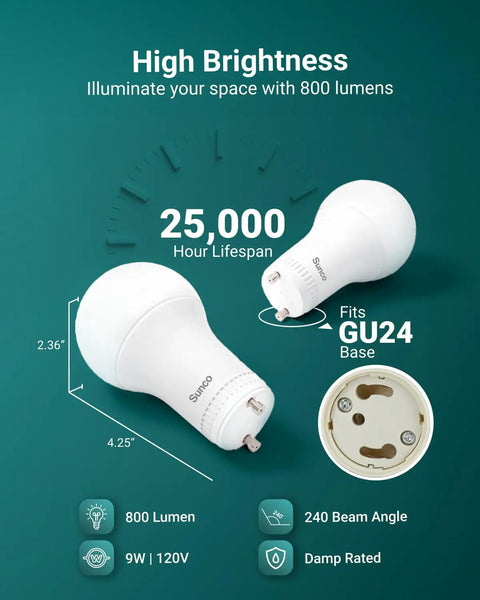 16 Pack GU24 LED A19 Bulbs 800 Lumens 9W 60W Equivalent Dimmable Twist Lock Base Soft White 2700K with base diagram