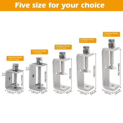 Heavy Duty 304 Stainless Steel C Clamp Set Of 2 Tiger Woodworking Clamps showing five sizes with clamping ranges and specs.
