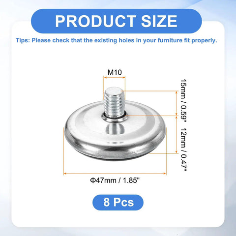 Close-up of Top Grade M10 Thread Furniture Feet Levelers In Black, showing size dimensions for adjustable screw-on glides.