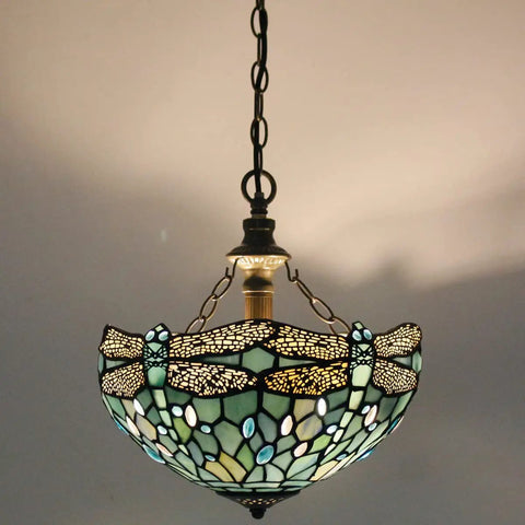 Sea Blue Stained Glass Dragonfly Tiffany Pendant Light Plug In 12 Inch Hanging Lamp for Island Kitchen Bar Hallway Dining Bedroom Entryway Home Office UL Listed S147 Series