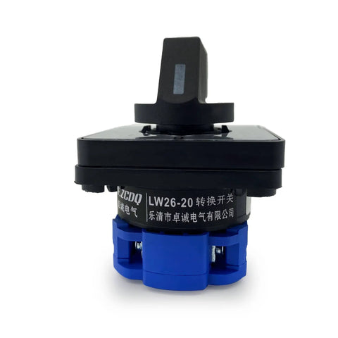 Front view of Changeover Switch Universal Rotary Cam Selector Latching Switch 2 Positions 4 Terminals LW26-20 C02-1 660V 20A Black Blue.