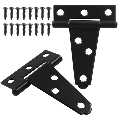 6 Pack 2 Inch Heavy Duty T Strap Hinges for Outdoor Gates and Barn Doors Black Iron Gate Hinge Set with screws shown