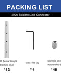 Packing list showing 2020 Straight Line Connector, hex key, and M5-5 screws from 12 Pack 2020 Aluminum Extrusion Corner Brackets And Straight Connectors Kit With T Slot Screws For 8020 Aluminum Profile Frames And 3D Printer Builds Heavy Duty Silver.