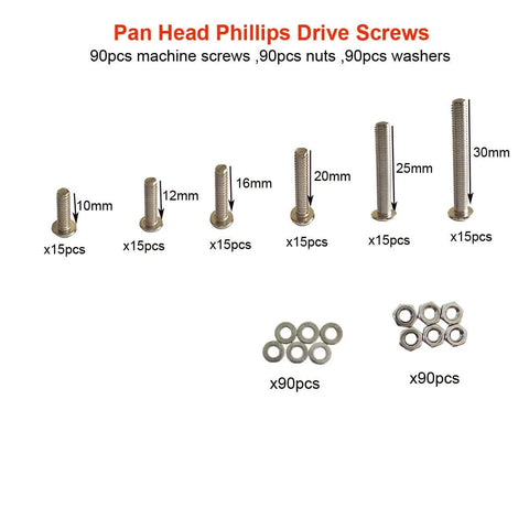Go To Assorted M4 Pan Head Phillips Machine Screws Set 10 12 16 20 25 30mm With 90 Nuts And 90 Washers 0.7mm Pitch 18 8 Stainless Steel