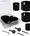 METOTY 9-piece hole saw kit with mandrel and accessories in a clear plastic case; 32–54mm black steel cutters