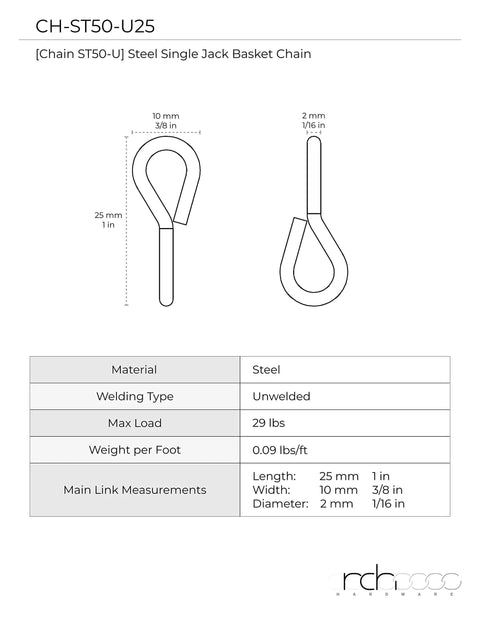 Diagram of a steel single jack basket chain link with detailed measurements and load specifications.