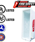 6 Pack White Plastic Outdoor Commercial Fire Extinguisher Cabinet Featuring Breakable Front Panel Lock and Break Glass Hammer for secure 10 lb tanks.