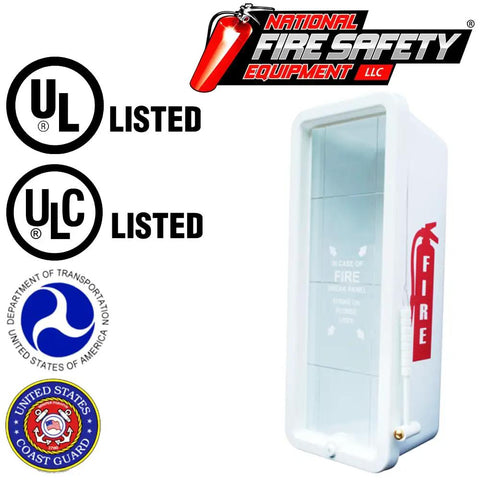 Six Pack Heavy Duty White Plastic Fire Extinguisher Cabinet Holder Fits 10lb ABC Extinguishers With Hammer Cylinder Lock Breakable Face Plate Wall Mount Design For Serious Garage Shop Defense, showing UL and ULC listed certification.