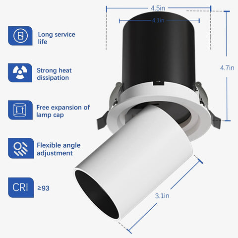 Diagram of Six Pack 4 Inch Rotatable LED Recessed Downlights 18W COB Dimmable Anti Glare with dimensions and features.
